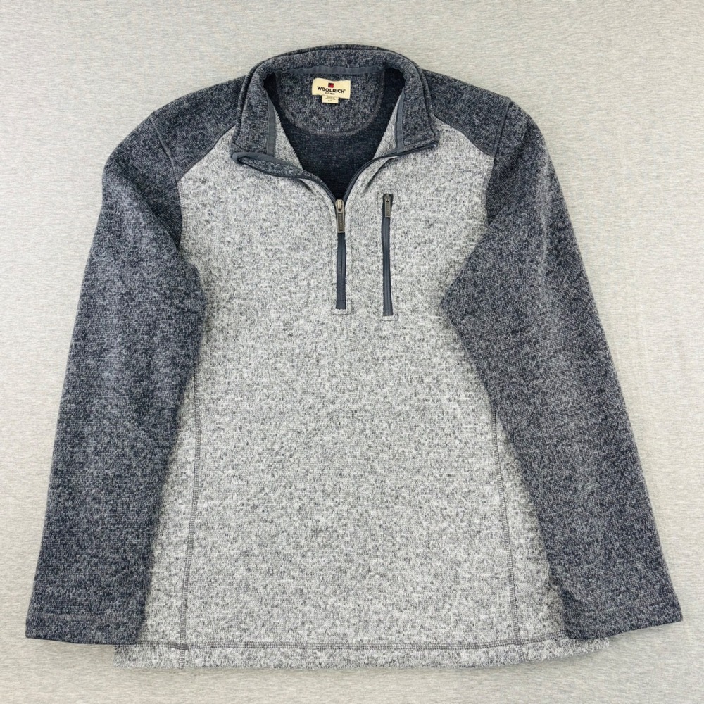 Woolrich Mens Gray Two Tone Quarter Zip Fleece Sweater Large Mock Neck Pocket